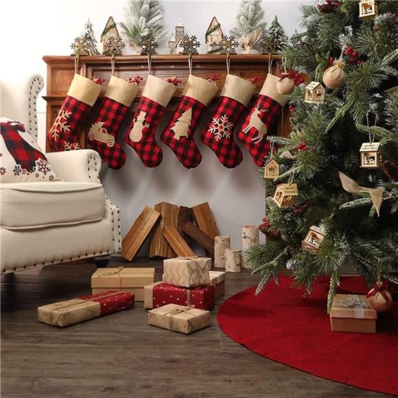 Set of 6 Christmas Stockings Decorations18 inches Red Black Buffalo Plaid - Picture 6 of 7